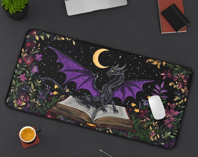 Bookish Dragon Desk Mat, Fantasy Book Lover Mouse Pad, DnD or RPG Gamer Gift