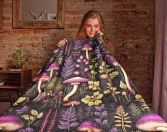 Cottagecore Mushroom Velveteen Blanket, Botanical Fungi Decor