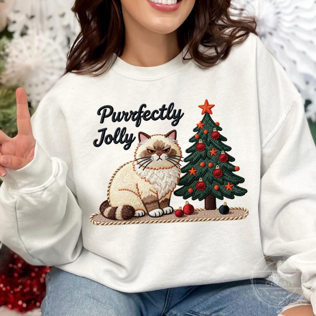 Funny Xmas Cat PNG • Meowy Christmas Embroidered Style • Cute Cat Lover ...