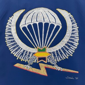Vintage 1980 Trench Art Hand-Painted Gabonese Paratrooper Wings | Large 21x28 Navy Scroll Wall Hanging | Signed Military Folk Art