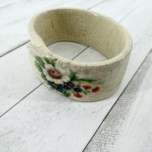 Vintage Hand-Painted Floral Ceramic Bangle - Retro 1950s Porcelain Bracelet with Crackle Glaze - Dainty Cottagecore Jewelry - Small/XS Wrist