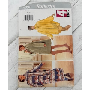 May include: Butterick sewing pattern 4098 for four pieces, featuring illustrations of three different coat styles: a yellow poncho, a sage green coat, and a patterned coat with geometric shapes in blue, brown, and white.
