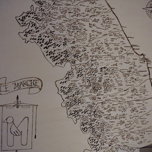 May include: A hand-drawn map of a fictional region called "Le Marche" with a compass rose in the upper right corner. The map is drawn in black ink on a white background and features a variety of geographical features, including mountains, rivers, and forests.