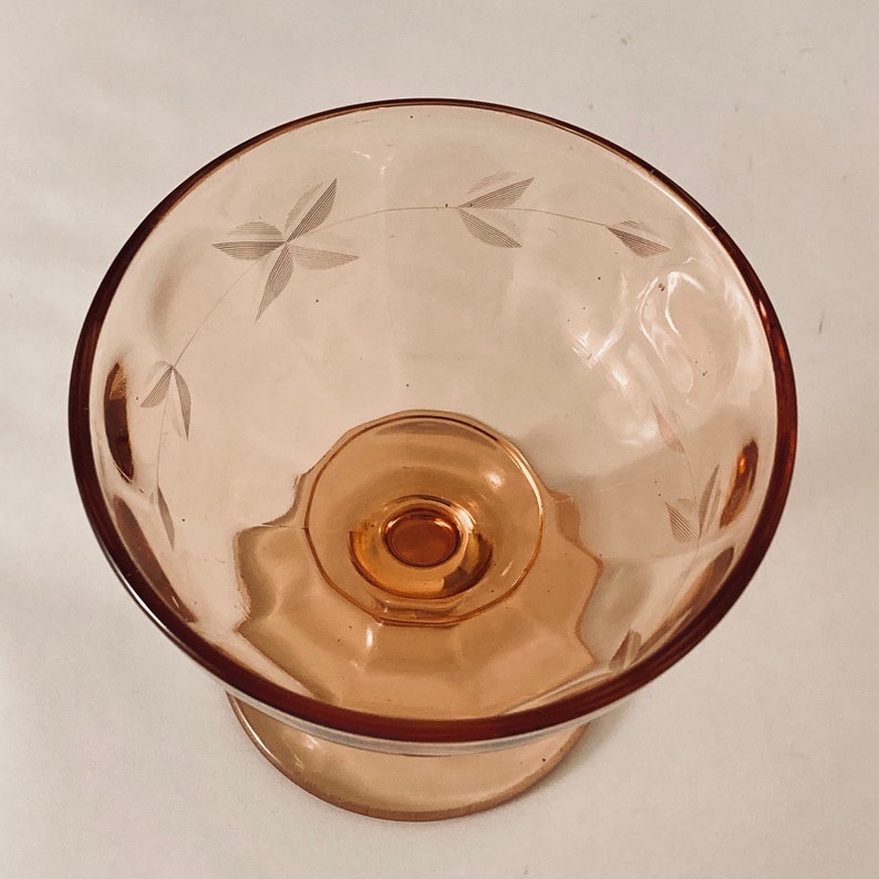 Vintage Pink Depression Glass Etched Glass Champagne or Sherbet, high angle view