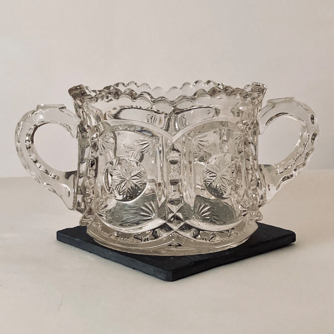 Vintage Double Handled Pressed Glass Sugar Bowl With Snowflake Etsy