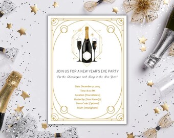 White Gold New Years Eve Invitation Editable Canva Modern NYE Party Instant Download