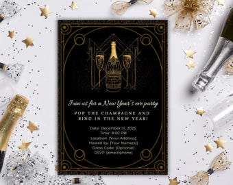 Gatsby New Year's Eve Invitation | Black and Gold, Editable Canva Template (Digital Download)