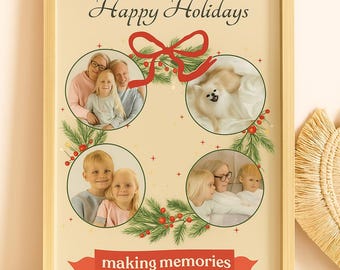 Editable Christmas Photo Card: Wreath Collage, Canva Template (Digital Download)