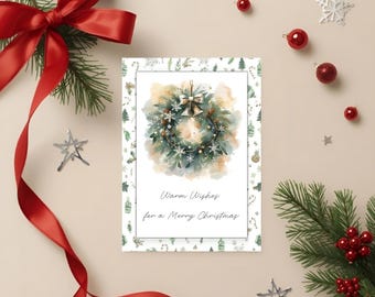 Hand-Drawn Green Christmas Card: Printable Holiday Wreath (Digital Download)