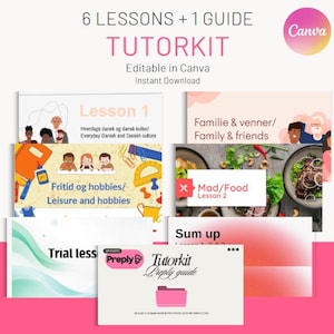 May include: A digital educational kit titled 6 LESSONS + 1 GUIDE TUTORKIT, featuring multiple slide previews including Lesson 1, Leisure and hobbies, Mad/Food Lesson 2, and a Preply guide. The design uses a white background with pink accents and various illustrations of people, food, and school supplies.