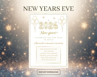 White & Gold New Year’s Eve Invitation | Editable Canva Design | Printable Download