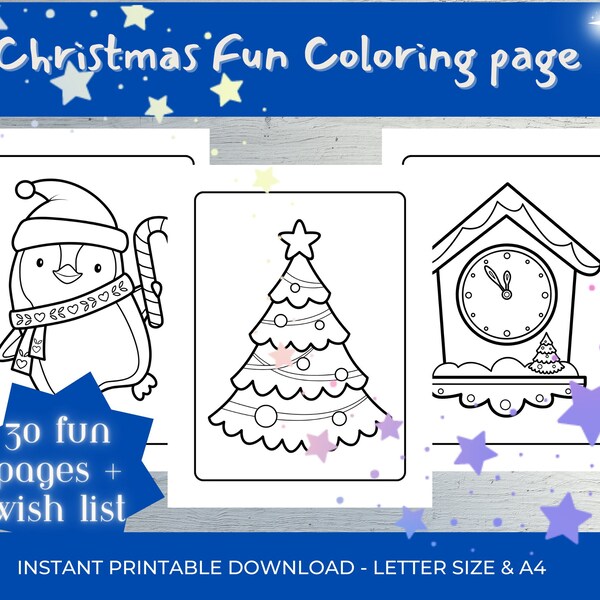 Christmas Coloring Book for Toddlers INSTANT DOWNLOAD 30 Fun & Simple Holiday Designs Filled Santa Claus, Snowman, Reindeer + wish list gift