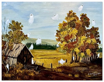 Wydruk artystyczny „Farmyard Ghosts”: Fantazyjny jesienny krajobraz