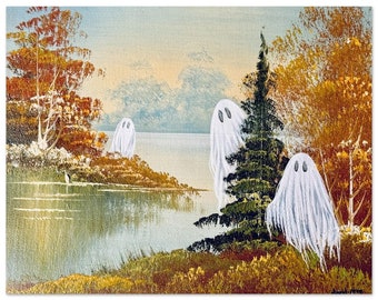 Haunting Ghosts Art Print: Autumn Landscape, Whimsical Halloween Decor