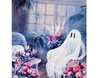 Grafika z duchem: Fantazyjna scena w oranżerii, styl vintage