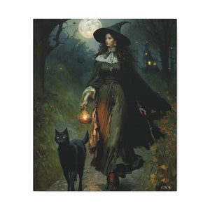 Magical Sorceress Walking in the Moonlight with her faithful companion, Canvas Wall Art