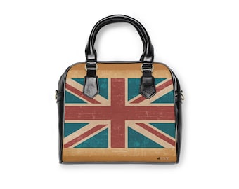 British Grunge Vintage Shoulder and Top Handle Handbag with inside pockets, size 8x10 British Flag Union Jack Purse