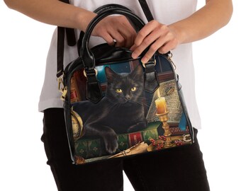 Old World Black Cat Shoulder Handbag with Top Handles and Inside Pockets, size 8x10 Cat Lovers Purse