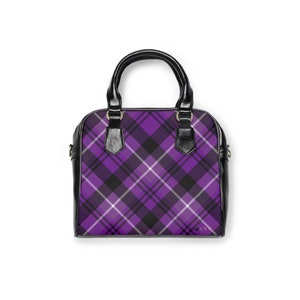 Purple Plaid Shoulder Handbag with Top Handle and inside Pockets, size 8x10