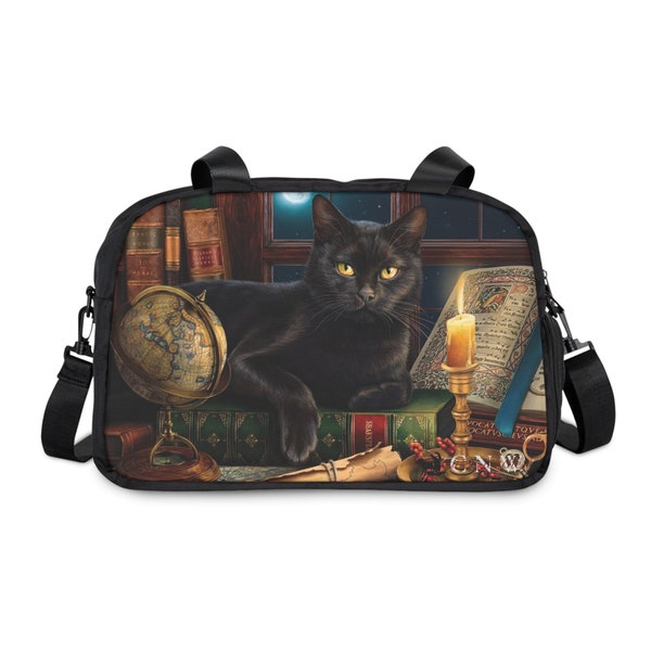 Fitness-Styled Handbag boasting an old-world design of a black cat sitting on a desk with the full moon shining through the window