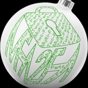 Puede incluir: Un adorno navideño blanco con un diseño de candado verde. El candado está formado por las palabras "Autenticación de dos factores", "Multi-factor" y "Dos partes".