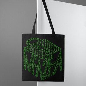 Puede incluir: Bolsa de tela negra con texto verde que dice "Two-Factor Authentication" y "Multi-Factor Authentication" repetido en un patrón circular.