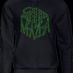 Puede incluir: Una sudadera con capucha azul oscuro con un diseño gráfico verde de un candado estilizado con las palabras "Multi-Factor Auth" y "Two-Factor Auth" repetidas a su alrededor.