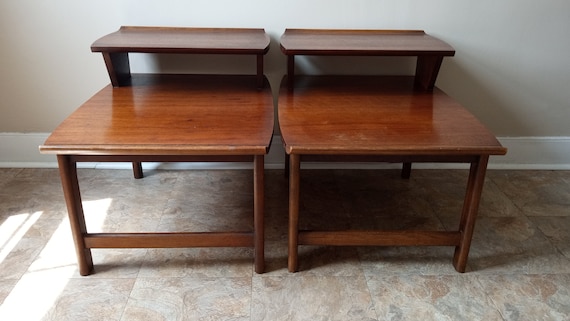 Vintage 1965 Pair of Lane Mid Century Modern Step 2 Tier End