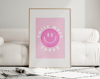 Lächeln Sie heute mehr Smiley-Gesicht-Druck | Rosa Preppy Room Decor | Girly Wand Kunst