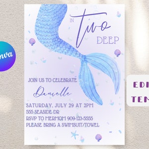 Editable In Two Deep mermaid birthday invitation digital download