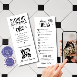 Szablon karty weselnej z kodem QR | Rozwal nasze telefony Edytowalna gra zbieracza | Czarno-białe zabawne, rysowane ręcznie, kapryśne wyzwanie fotograficzne, XTRA