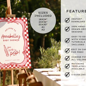 She’s Ready to Pop Baby Shower Welcome Sign – 50s Soda Pop-Inspired Canva Template. This Baby Shower Sign Template is a charming and playful way to welcome guests to a bubbly baby bash. Designed in a retro 1950s soda pop shop style, it features whimsical hand-drawn details of a bottle of Cola, glass of pop & a dirty soda, with a wavy pink & red border tied with bows on a red & white chequered background. Retro vintage style whimsical fonts are also used. Gender-neutral baby shower. 18x24, 20x30