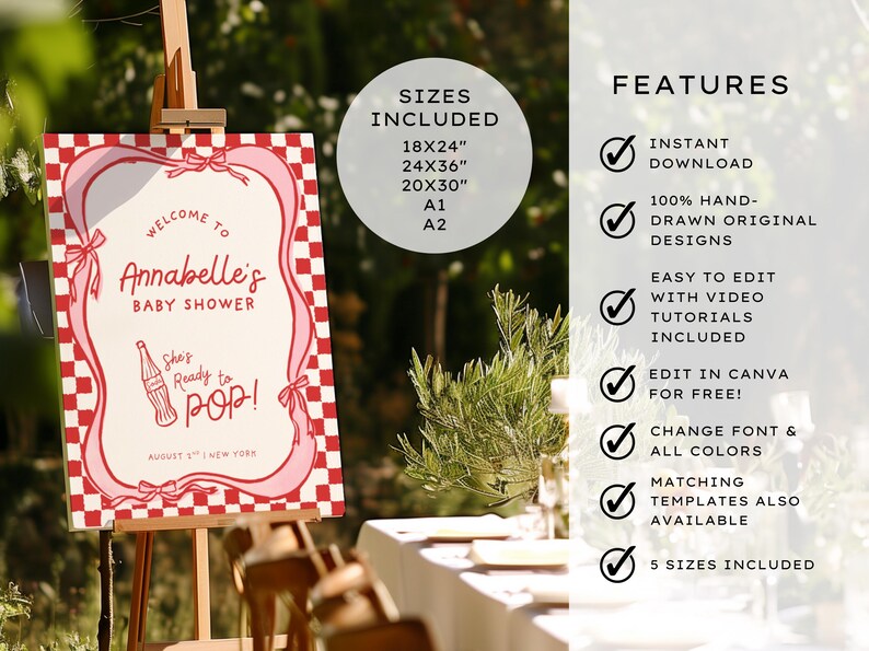 She’s Ready to Pop Baby Shower Welcome Sign – 50s Soda Pop-Inspired Canva Template. This Baby Shower Sign Template is a charming and playful way to welcome guests to a bubbly baby bash. Designed in a retro 1950s soda pop shop style, it features whimsical hand-drawn details of a bottle of Cola, glass of pop & a dirty soda, with a wavy pink & red border tied with bows on a red & white chequered background. Retro vintage style whimsical fonts are also used. Gender-neutral baby shower. 18x24, 20x30