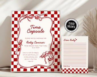 Eine kleine Fleischbällchen-Babyparty-Zeitkapsel-Vorlagen, handgezeichnetes italienisches Feinschmecker-Tischschild, roter karierter Canva druckbarer Brief an Baby MBAL1
