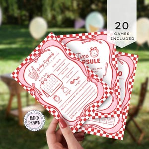 She’s Ready to Pop Baby Shower games suite – 50s Soda Pop-Inspired Canva games Templates. 20 games included. These games are a charming and playful way to entertain guests at a bubbly baby bash. Designed in a retro 1950s soda pop shop style, they feature whimsical hand-drawn details of a bottle of Cola, glass of pop & a dirty soda, with a wavy pink & red border tied with bows on a red & white chequered background. Retro vintage style whimsical fonts are also used. Gender-neutral baby shower