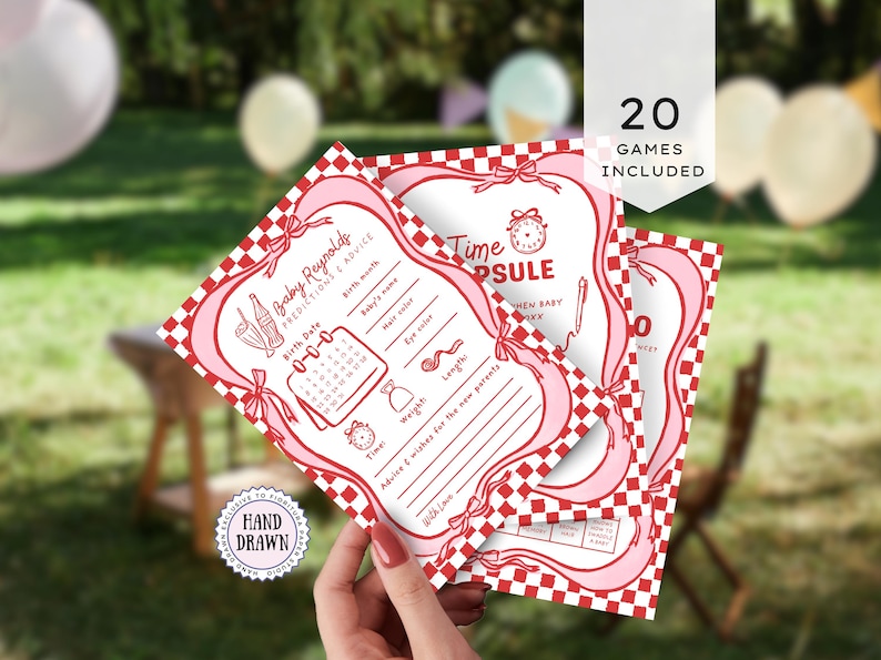 She’s Ready to Pop Baby Shower games suite – 50s Soda Pop-Inspired Canva games Templates. 20 games included. These games are a charming and playful way to entertain guests at a bubbly baby bash. Designed in a retro 1950s soda pop shop style, they feature whimsical hand-drawn details of a bottle of Cola, glass of pop & a dirty soda, with a wavy pink & red border tied with bows on a red & white chequered background. Retro vintage style whimsical fonts are also used. Gender-neutral baby shower