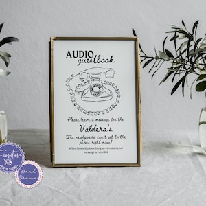 Wedding Audio Guest Book Sign for Table | Editable Canva Template | Fun Hand-Drawn Retro Telephone Illustration | Interactive & Casual, XTRA
