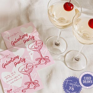 Modèle d'invitation de fête des Galentines modifiable, nuit de fille de gribouillis lunatique dessinés à la main amusante rose rouge, fête à la maison de la Saint-Valentin pour amis, amour