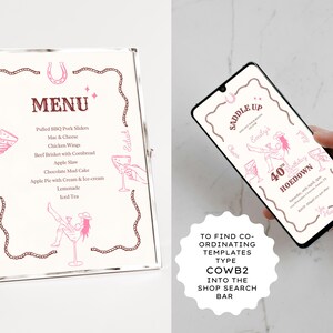 Yee-Haw and Saddle up with a Wild Western Hoedown Themed 40th Birthday Party Welcome Sign Template. It features pink & brown hand-drawn images of a cowgirl sitting in a cocktail glass with boots & hat, holding a cocktail with one boot in the air on a cream background with a wavy rope border & desert landscape. Use for a cocktail party, Barn, Line dance or informal gathering with a modern Southwestern Vibe. Editable & Customisable in Canva. Included 24 x 36, 18 x 24, 20 x 30, A1 and A2 sizes