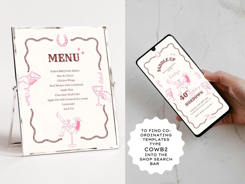 Yee-Haw and Saddle up with a Wild Western Hoedown Themed 40th Birthday Party Welcome Sign Template. It features pink & brown hand-drawn images of a cowgirl sitting in a cocktail glass with boots & hat, holding a cocktail with one boot in the air on a cream background with a wavy rope border & desert landscape. Use for a cocktail party, Barn, Line dance or informal gathering with a modern Southwestern Vibe. Editable & Customisable in Canva. Included 24 x 36, 18 x 24, 20 x 30, A1 and A2 sizes