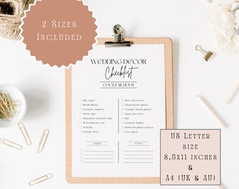 Bruiloft decor checklist Canva sjabloon - cocktailuurtje, 2 maten A4 US Letter, Instant Download nu, DIY Bride Organizer, bewerkbare planning