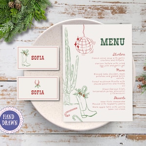 de menu et de marque-places modifiables Hoedown des Fêtes | Amusant Noël country western dessiné à la main au ranch | Dîner rouge-vert, joyeux