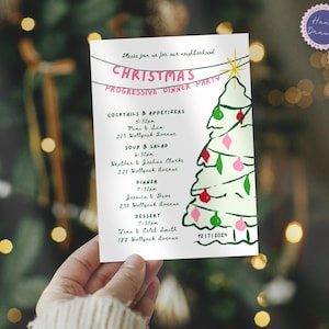 Invitation progressive de dîner de Noël de quartier | Repas des Fêtes | Fête de Noël à la ronde | Dessinés à la main modifiables | Joyeux