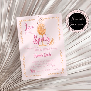 Modèle d'Invitation pour la douche nuptiale « Love at First Spritz », fête de poule lunatique et amusante, édition dessinée à la main sur toile, rose orange SPR1