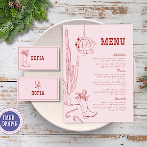 Plantilla para cena de fiesta navideña, menú editable y tarjeta de lugar, estilo country western para niñas, dibujado a mano, divertido y caprichoso, en rosa y rojo, alegre