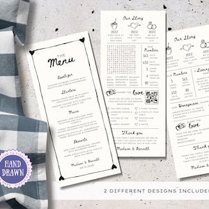 Infographie et modèle de menu de mariage Faits amusants | Bordure de coeurs mignons dessinés à la main, élégants et décontractés | Dîner de réception | CAS1 modifiable