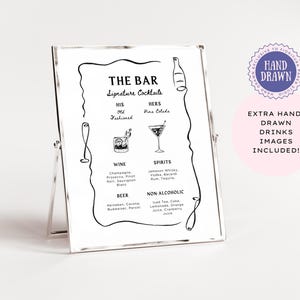 Letrero de cóctel con firma para menú de bar de bodas, plantilla editable, divertidas ilustraciones dibujadas a mano, borde de línea de champán ondulado caprichoso CK1