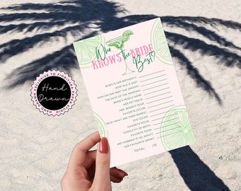 Margs & Matrimony Wie kent de bruid het beste Vrijgezellenfeest spelactiviteitssjabloon | Leuke handgetekende Margarita roze groen | MARG1