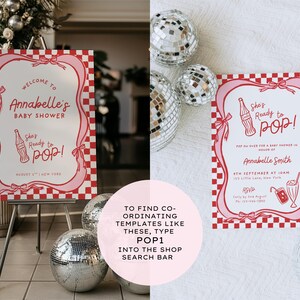 She’s Ready to Pop Baby Shower Soda Bar Style round Canva sticker template – 50s Soda Pop-Inspired. This Baby Shower sticker Template is easy to edit and print at home. It features red retro style fonts with a hand-drawn 1950s style soda bottle illustration on a white background- perfectly matching with the rest of this suite. Use for Invitation envelopes, on party paper cups, as labels for party favors and many other uses. Drag & drop templates included to easily print at home