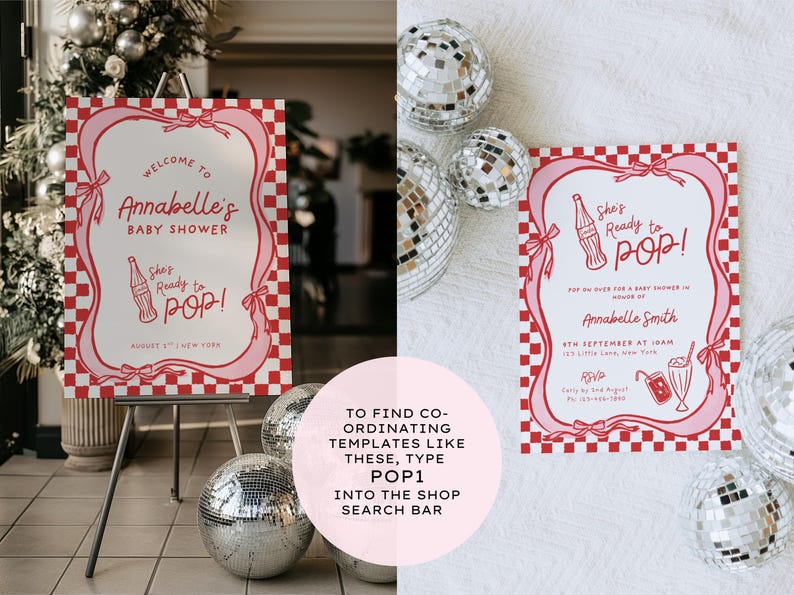 She’s Ready to Pop Baby Shower Soda Bar Style round Canva sticker template – 50s Soda Pop-Inspired. This Baby Shower sticker Template is easy to edit and print at home. It features red retro style fonts with a hand-drawn 1950s style soda bottle illustration on a white background- perfectly matching with the rest of this suite. Use for Invitation envelopes, on party paper cups, as labels for party favors and many other uses. Drag & drop templates included to easily print at home
